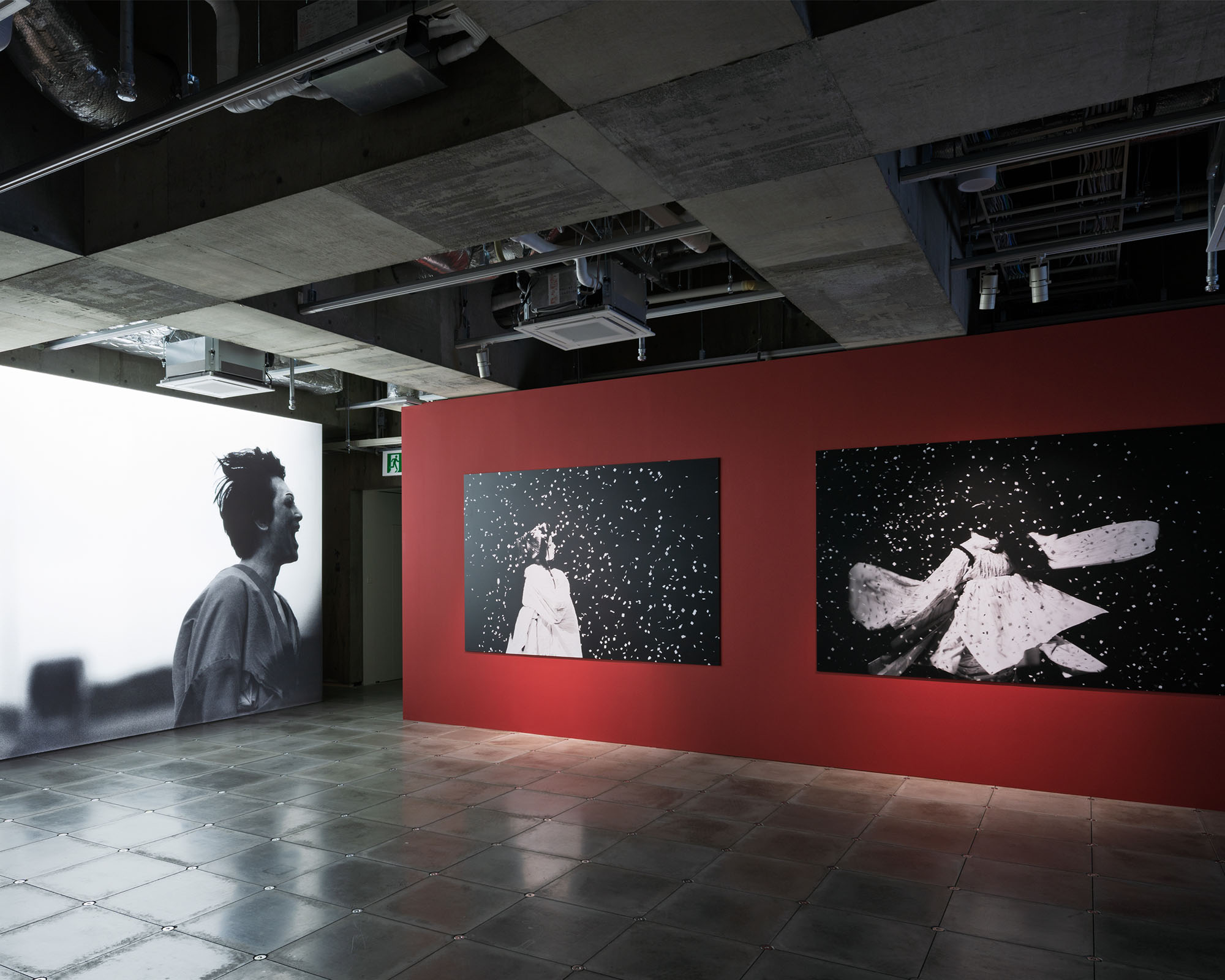 Exhibition view featuring large-scale photographic works installed along a red wall, with monochrome images set within a spacious concrete gallery.