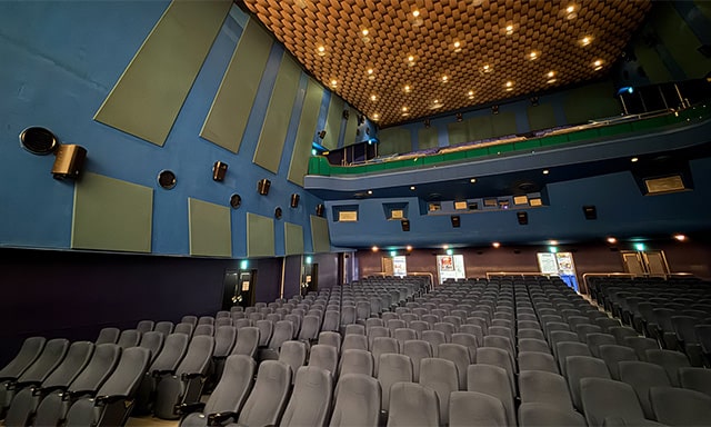 舞台側から見た客席。ゆるやかな傾斜や背もたれの角度がよくわかる。